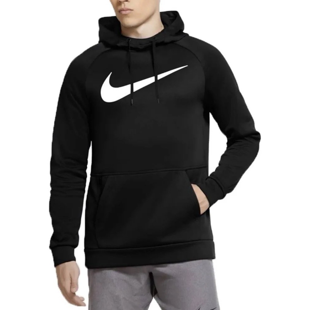 Nike Therma Fit Mens Black Fleece Lined Hoodie White Swoosh Logo Pullover Small